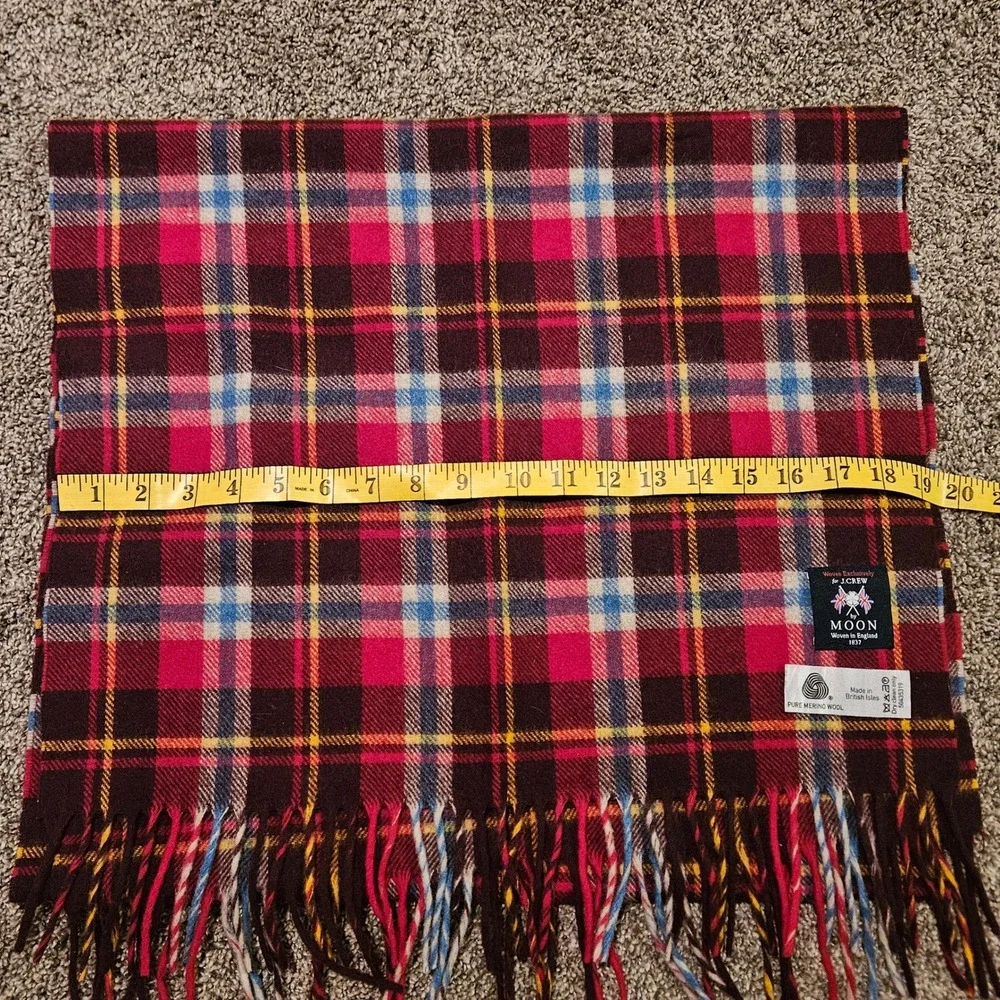 J.Crew Abraham Moon Plaid Scarf Burgundy Merino Wool Fringe Preppy British